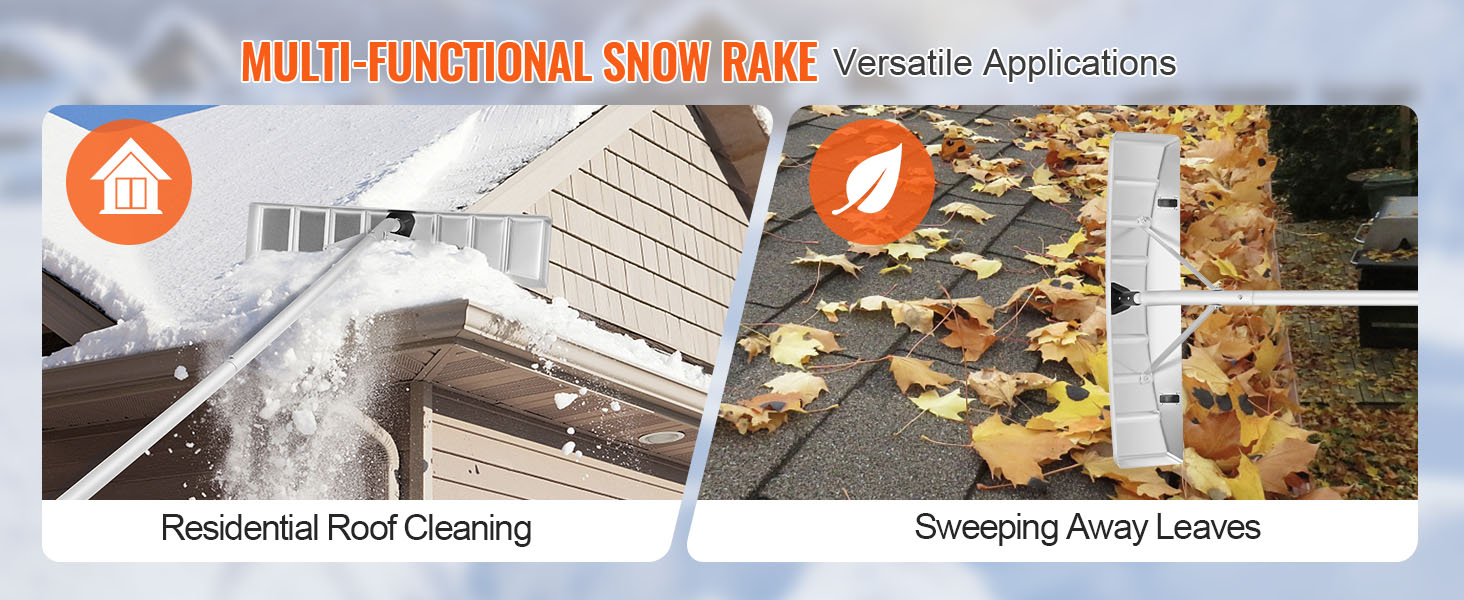 VEVOR snow roof rake for residential roof cleaning and sweeping away leaves, versatile applications.