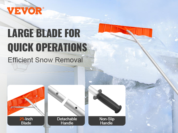VEVOR snow roof rake with 25-inch blade, detachable handle, and non-slip grip for efficient snow removal.