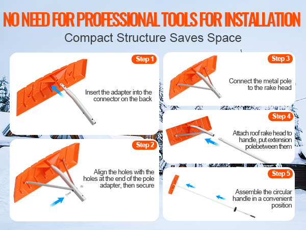 steps to assemble VEVOR snow roof rake: insert adapter, align holes, connect pole, attach head, assemble handle.