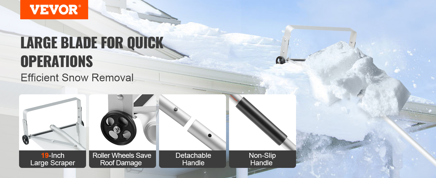 VEVOR snow roof rake with large blade, roller wheels, detachable handle, and non-slip grip for efficient removal.