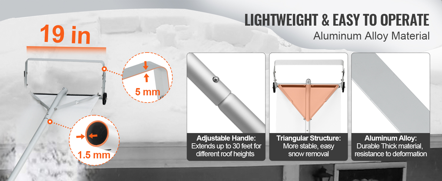 VEVOR snow roof rake with 19-inch blade, aluminum alloy, adjustable handle up to 30 feet.