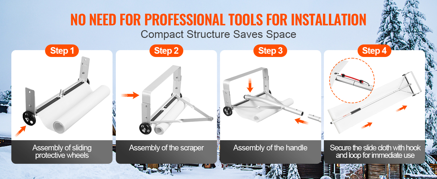 steps to assemble VEVOR snow roof rake with sliding wheels, scraper, handle, and slide cloth.