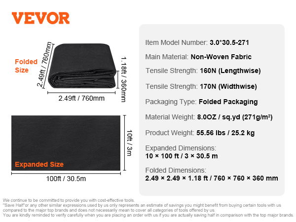 VEVOR geotextile fabric details: non-woven, folded size 2.49x2.49 ft, expanded 10x100 ft, 8.0oz/sq.yd.