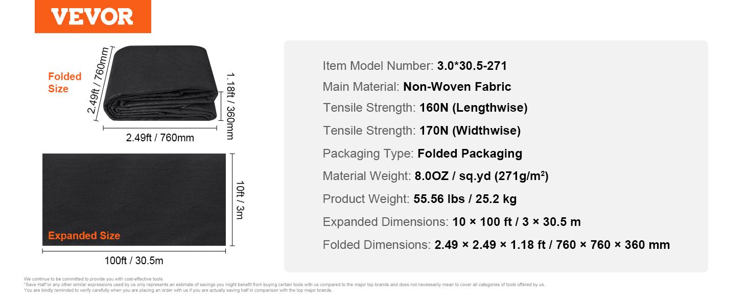 VEVOR geotextile fabric details: non-woven, folded size 2.49x2.49 ft, expanded 10x100 ft, 8.0oz/sq.yd.