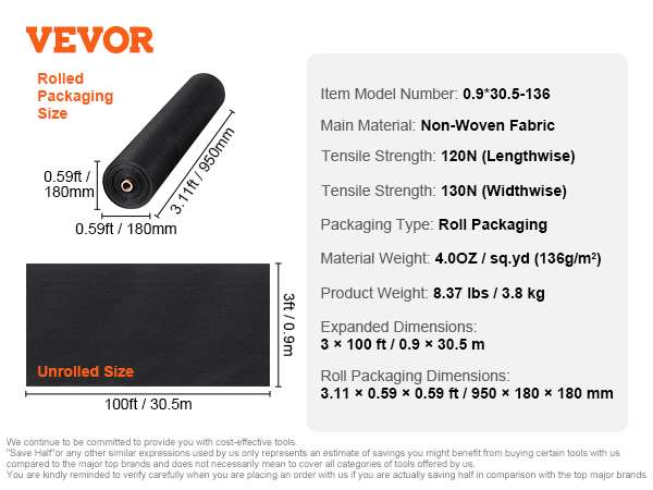 VEVOR driveway fabric with 100ft length, 3ft width, tensile strength 120n/130n, and 0.59ft roll diameter.