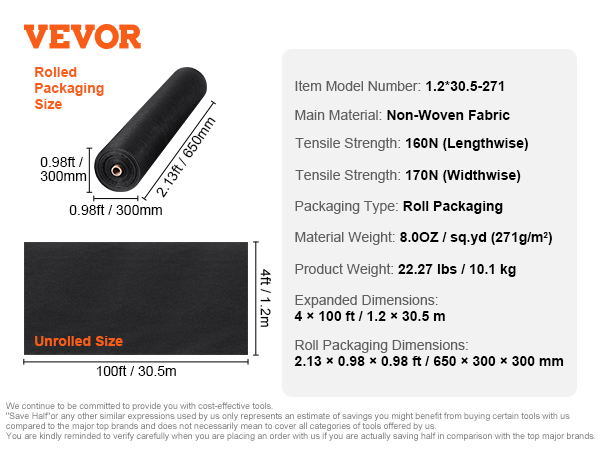 VEVOR geotextile fabric in roll packaging, size specifics, tensile strengths, and material weight.