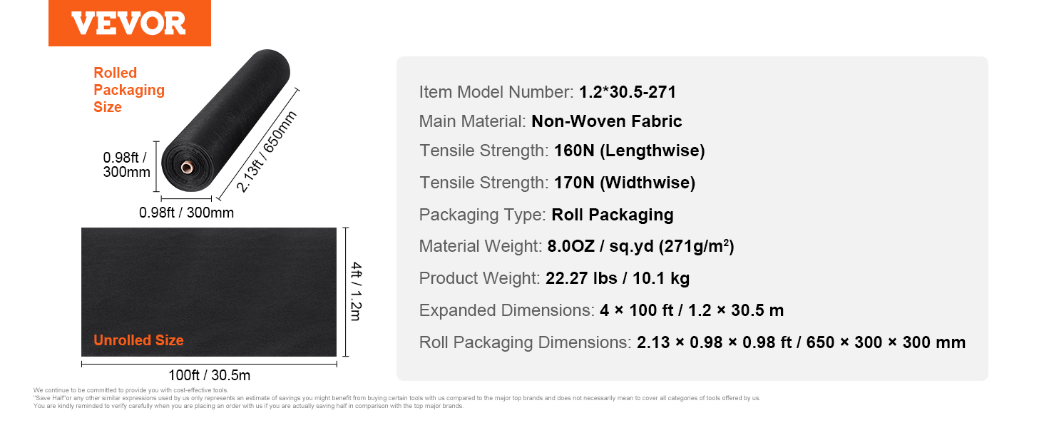 VEVOR geotextile fabric in roll packaging, size specifics, tensile strengths, and material weight.
