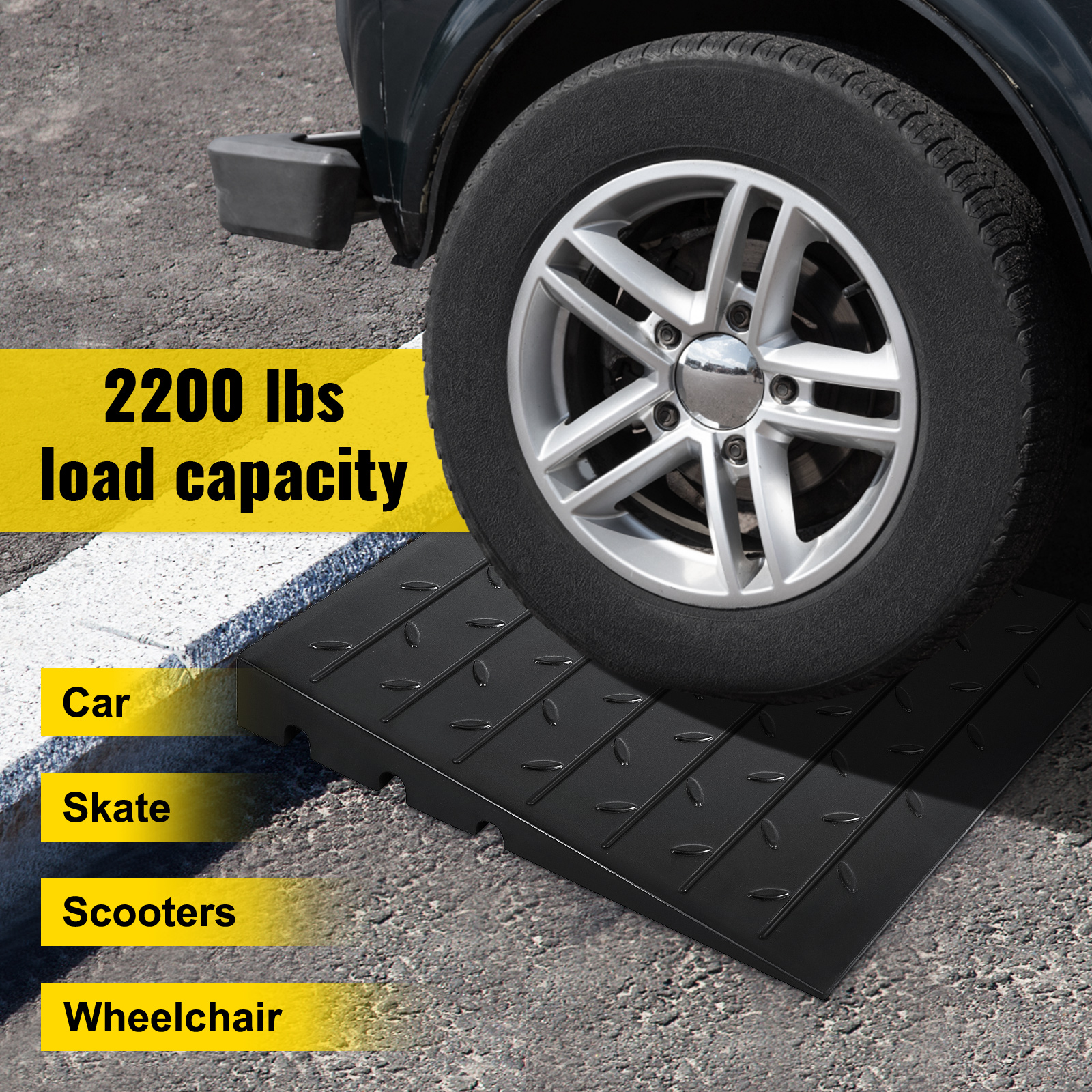 car tire on a VEVOR rubber threshold ramp with 2200 lbs load capacity.