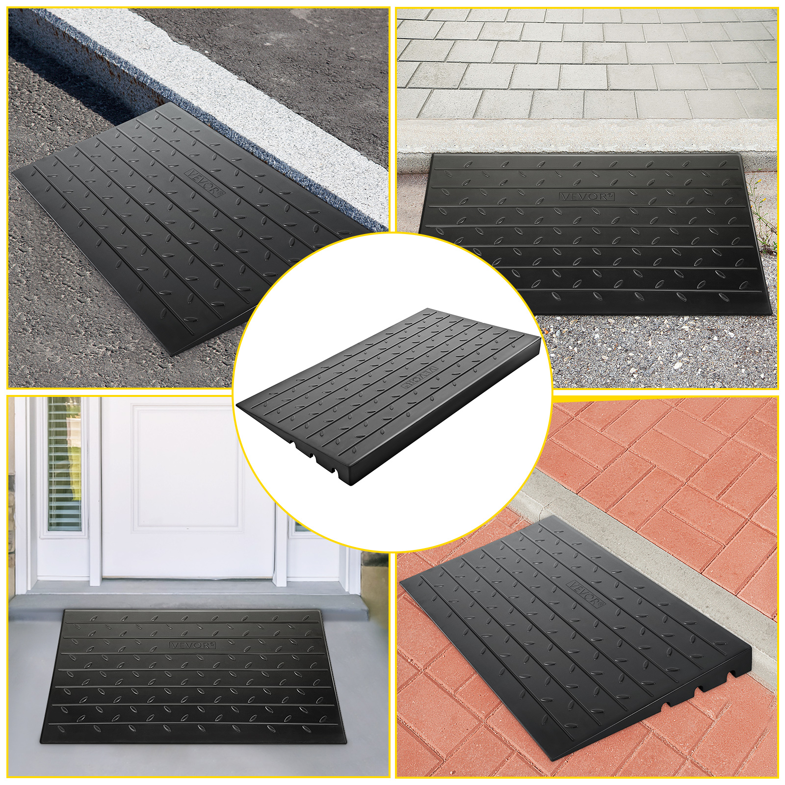 VEVOR rubber threshold ramp on various surfaces: concrete, pavers, and entrance.