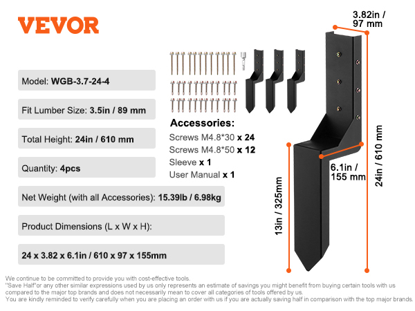 VEVOR fence post anchor kit, model wgb-3.7-24-4, fit for 3.5in lumber, total height 24in, set of 4.