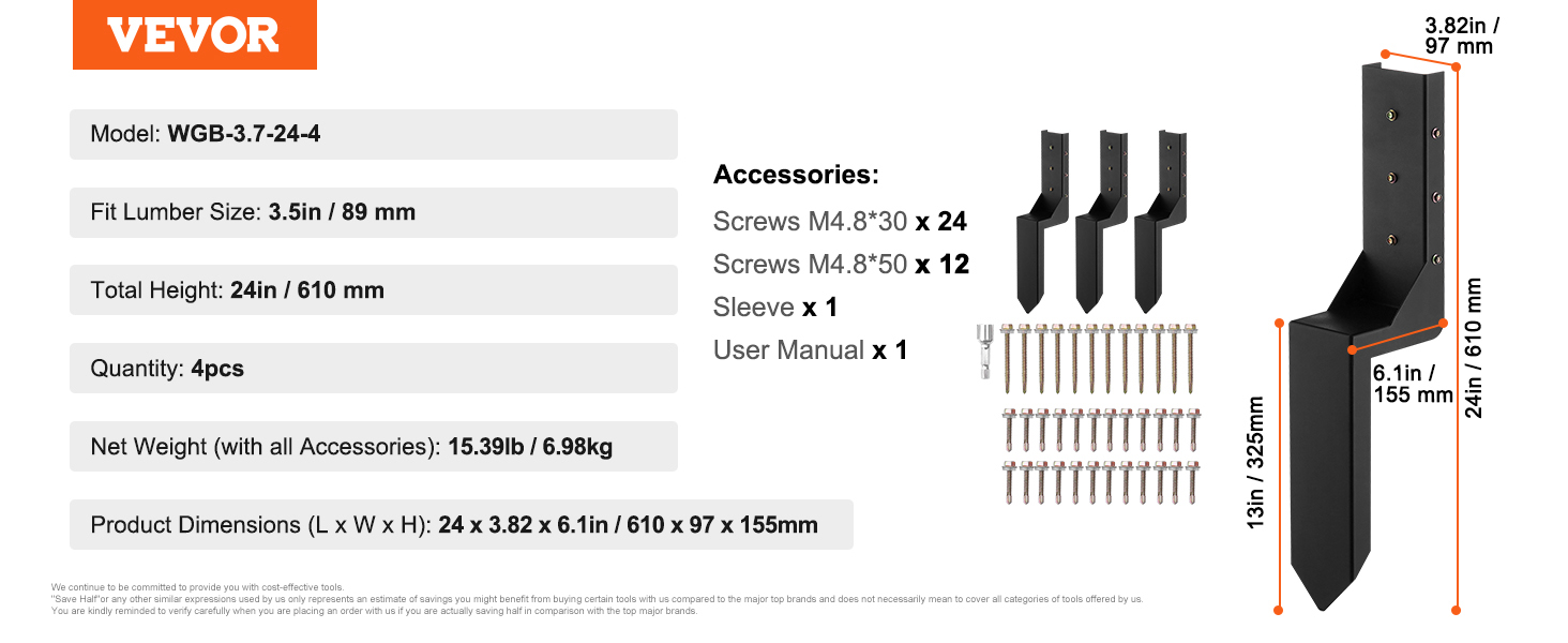 VEVOR fence post anchor kit, model wgb-3.7-24-4, fit for 3.5in lumber, total height 24in, set of 4.