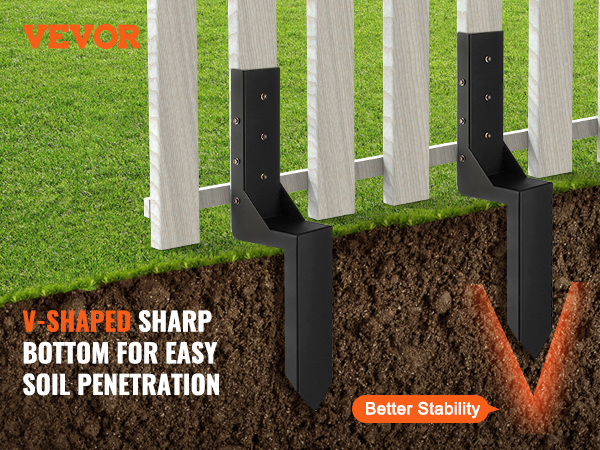 VEVOR fence post anchor kit with v-shaped sharp bottom for easy soil penetration and better stability.