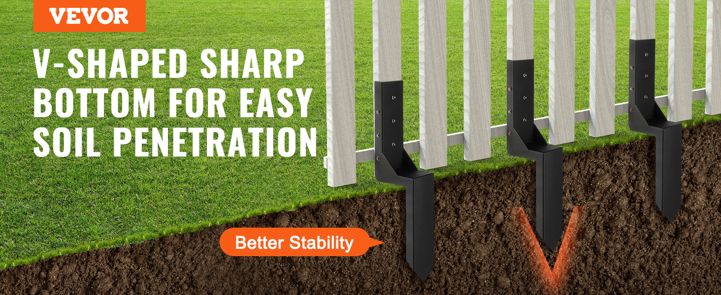 VEVOR fence post anchor kit with v-shaped sharp bottom for easy soil penetration and better stability.