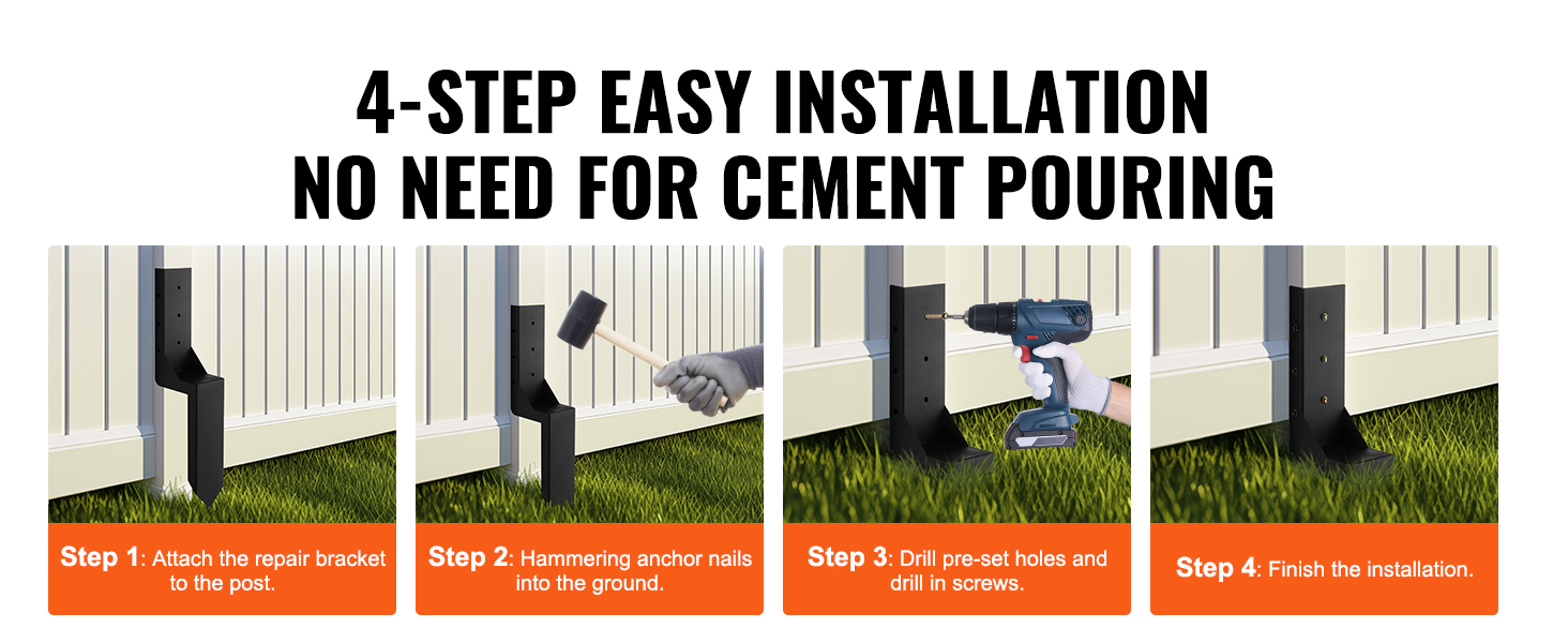 4-step installation guide for VEVOR fence post anchor kit highlighting easy assembly without cement.