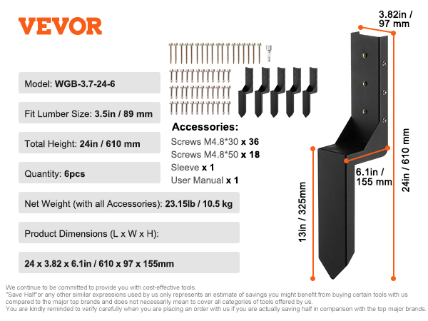 VEVOR fence post anchor repair kit with dimensions, included screws, sleeves, and user manual.