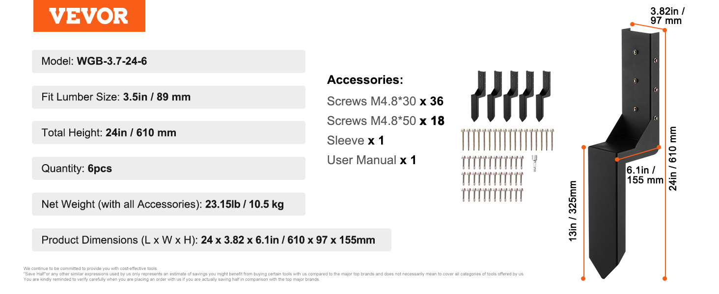 VEVOR fence post anchor repair kit with dimensions, included screws, sleeves, and user manual.