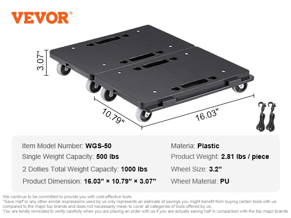 VEVOR furniture dolly with 500 lbs capacity, plastic material, and 3.2" pu wheels. model wgs-50.