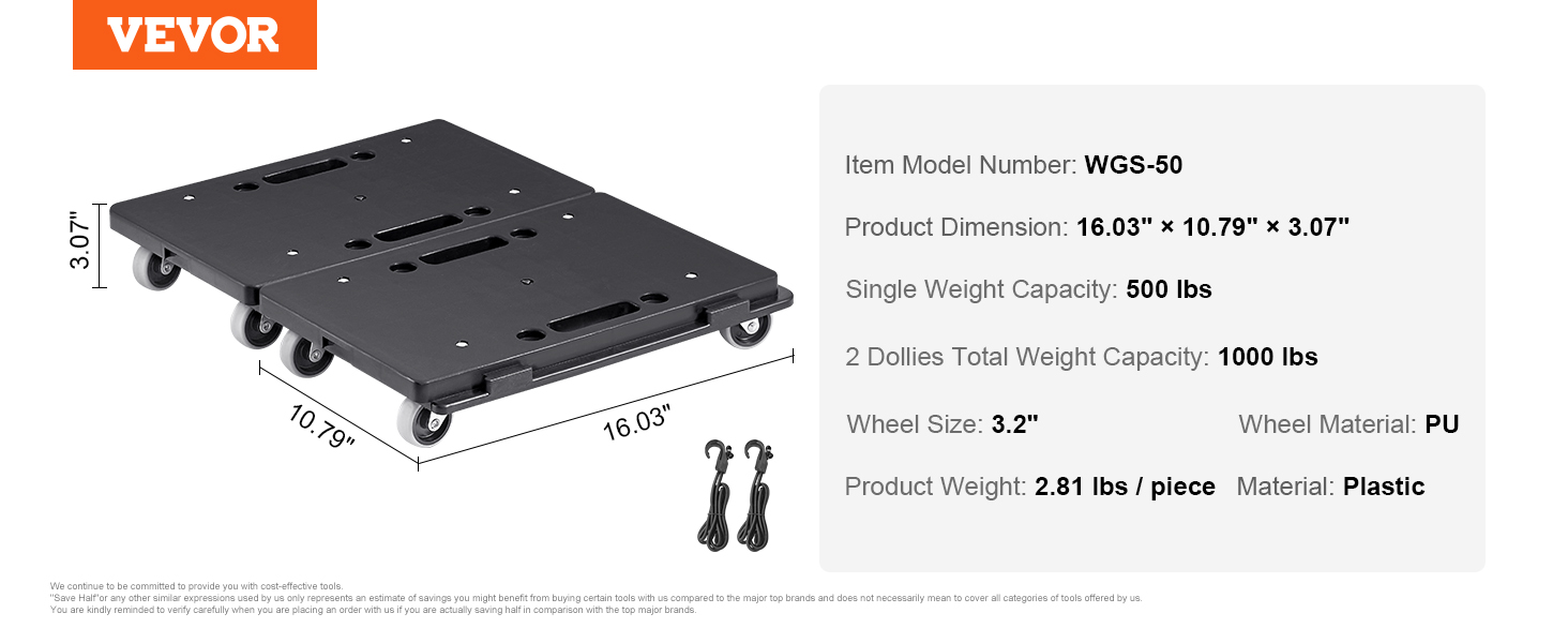 VEVOR furniture dolly with 500 lbs capacity, plastic material, and 3.2" pu wheels. model wgs-50.