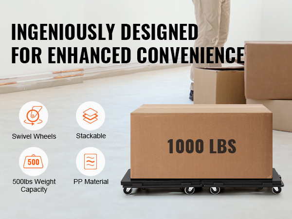 VEVOR furniture dolly with swivel wheels, 1000 lbs capacity, stackable, and made from pp material.