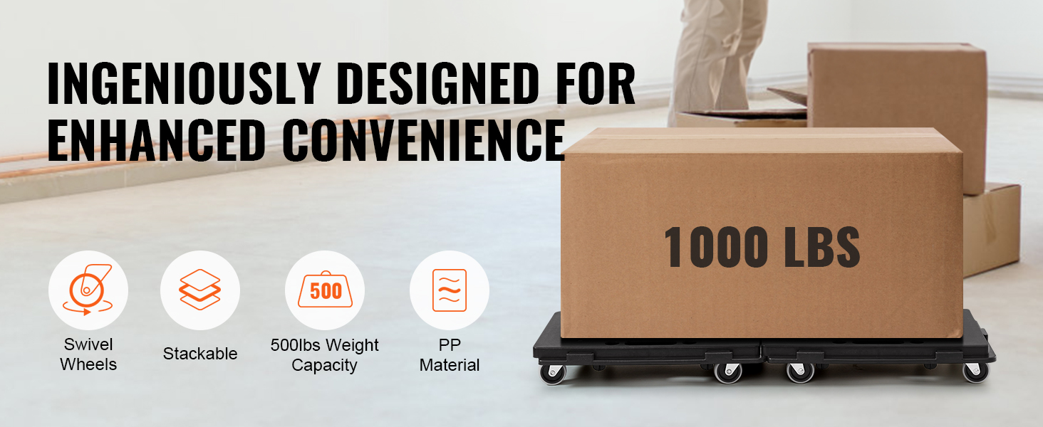 VEVOR furniture dolly with swivel wheels, 1000 lbs capacity, stackable, and made from pp material.