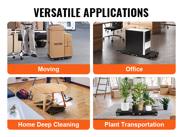 VEVOR furniture dolly used for moving, office equipment, home deep cleaning, and plant transportation.