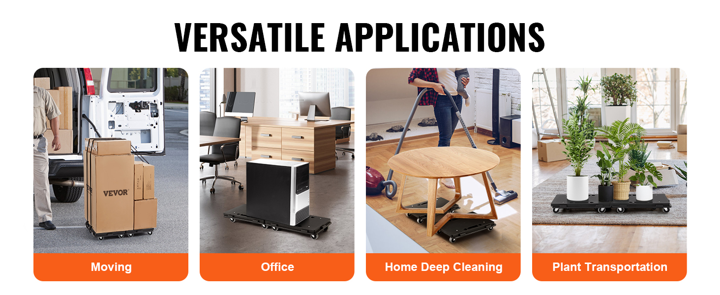 VEVOR furniture dolly used for moving, office equipment, home deep cleaning, and plant transportation.
