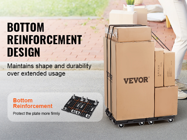 VEVOR furniture dolly with bottom reinforcement design carrying multiple boxes near a moving truck.