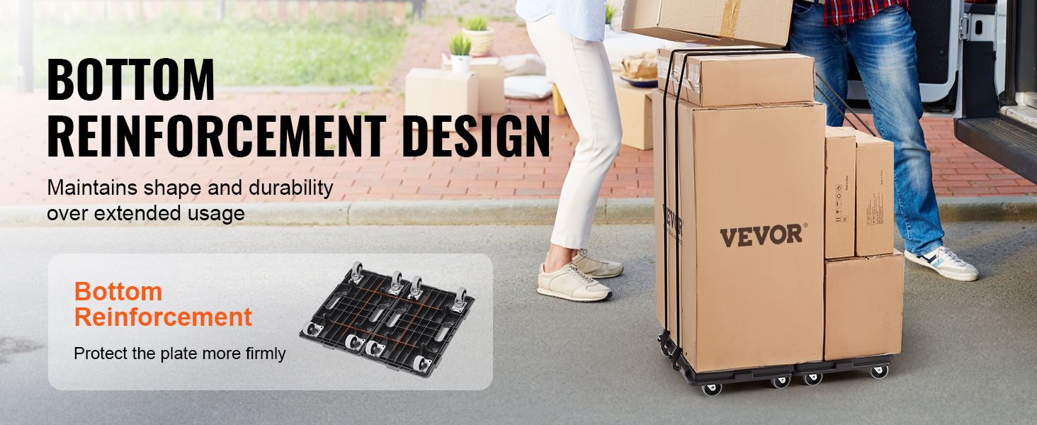 VEVOR furniture dolly with bottom reinforcement design carrying multiple boxes near a moving truck.