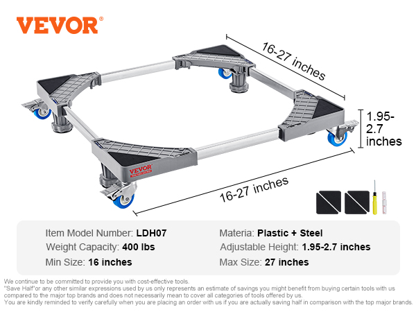 VEVOR mini fridge stand, ldh07 model, 400 lbs capacity, adjustable size 16-27 inches, blue wheels.