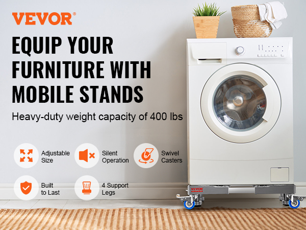VEVOR mini fridge stand under washing machine, promoting heavy-duty capacity and adjustable swivel casters.