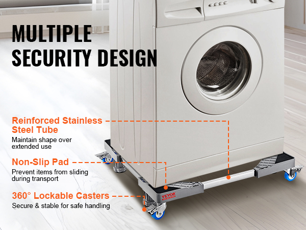 VEVOR mini fridge stand with stainless steel tubes, non-slip pad, and lockable casters for security.