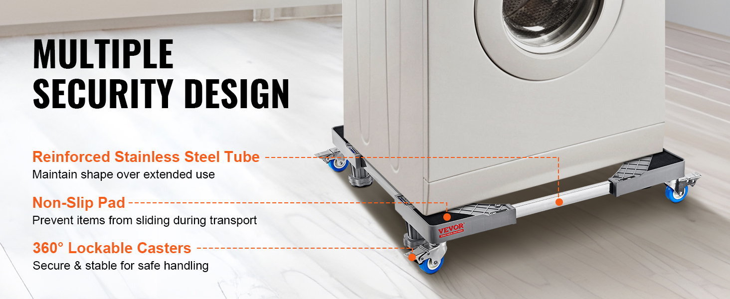 VEVOR mini fridge stand with stainless steel tubes, non-slip pad, and lockable casters for security.