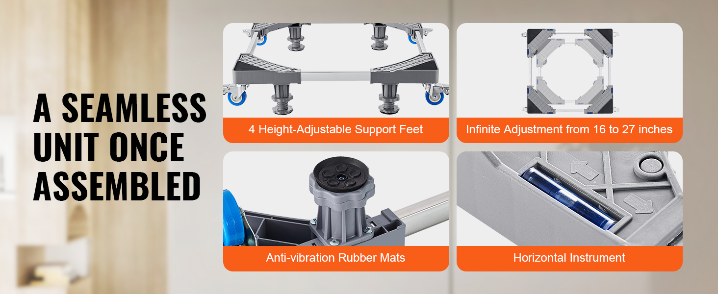 VEVOR mini fridge stand with 4 height-adjustable feet, anti-vibration rubber mats, and infinite adjustment.