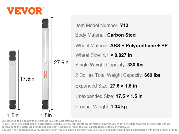 VEVOR appliance rollers with carbon steel body, abs and polyurethane wheels, capacity 660 lbs.
