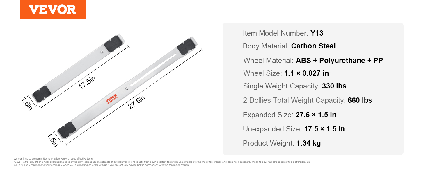 VEVOR appliance rollers with carbon steel body, abs and polyurethane wheels, capacity 660 lbs.