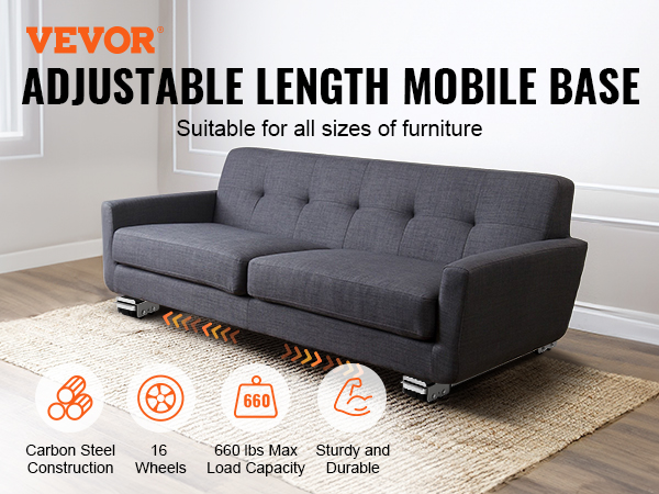 VEVOR appliance rollers, adjustable mobile base supporting sofa, 660 lbs capacity, carbon steel.