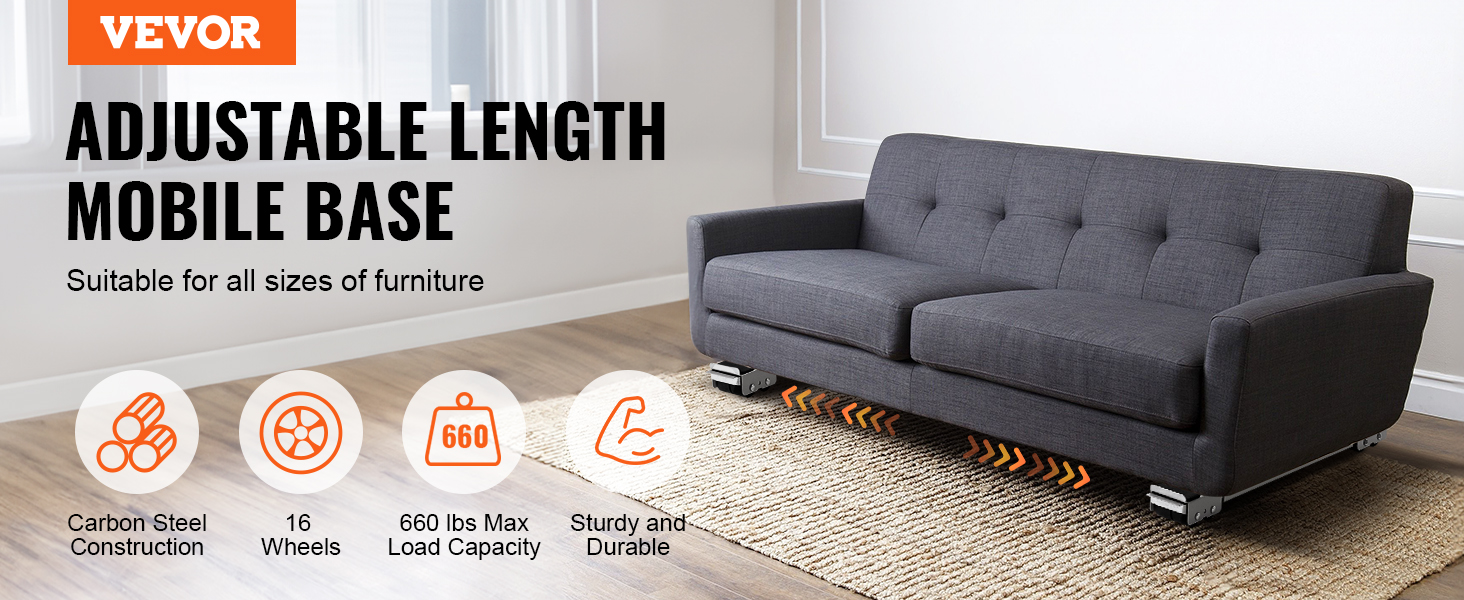 VEVOR appliance rollers, adjustable mobile base supporting sofa, 660 lbs capacity, carbon steel.