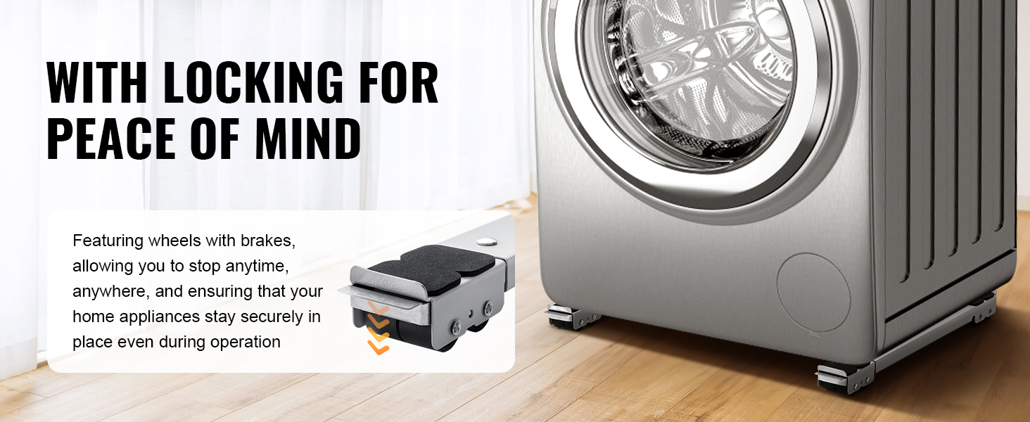 washing machine on VEVOR appliance rollers with locking wheels for added stability and peace of mind.