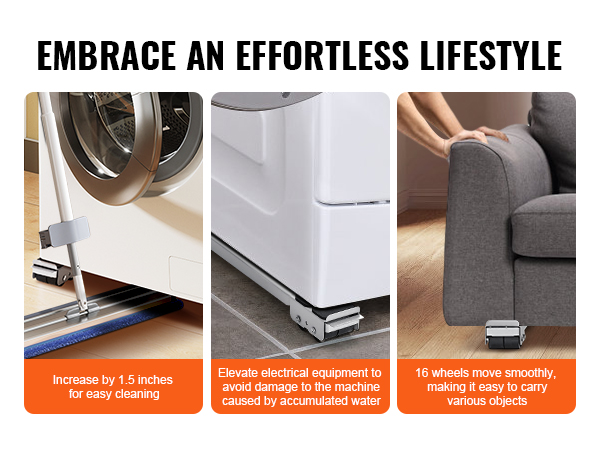 washing machine and couch on VEVOR appliance rollers, emphasizing ease of cleaning and smooth mobility.