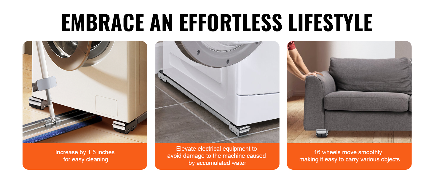 washing machine and couch on VEVOR appliance rollers, emphasizing ease of cleaning and smooth mobility.