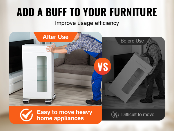 add VEVOR appliance rollers for easy heavy furniture movement; before and after use comparison.