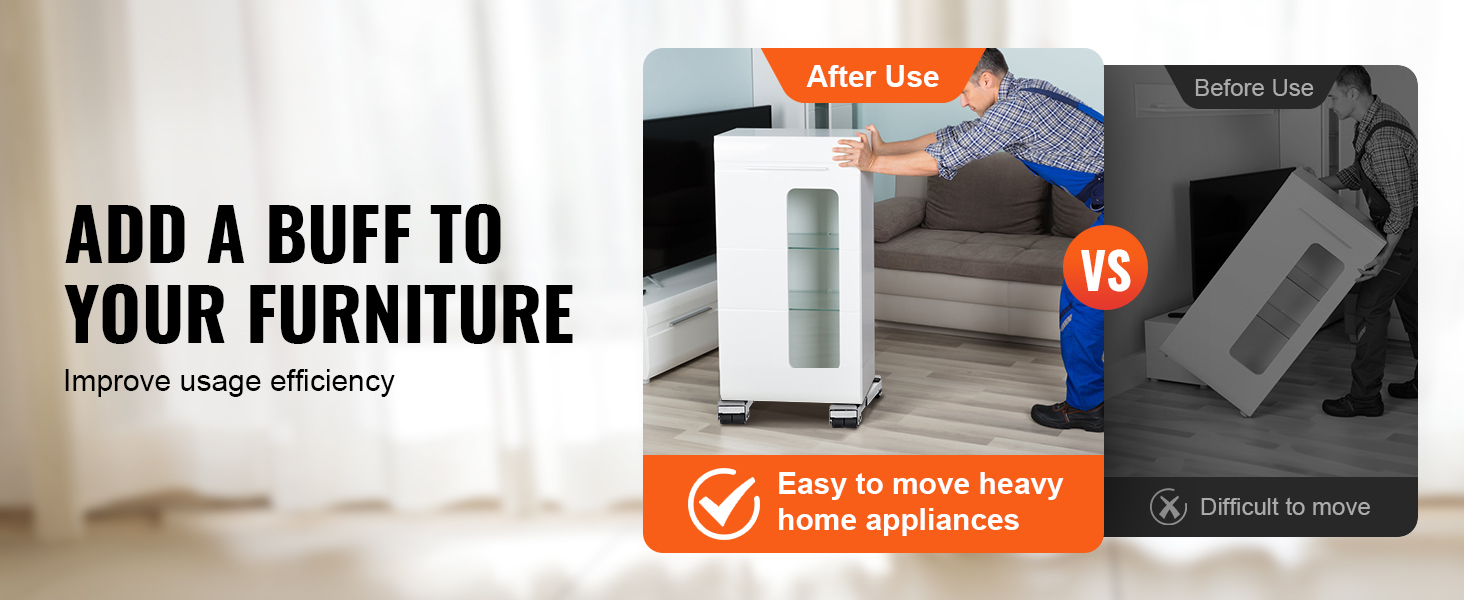 add VEVOR appliance rollers for easy heavy furniture movement; before and after use comparison.