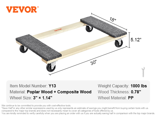 VEVOR furniture dolly dimensions: 30"x18"x5.12", weight capacity 1000 lbs, poplar and composite wood.