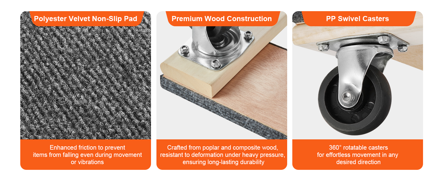 polyester velvet non-slip pad, premium wood construction, and pp swivel casters on VEVOR furniture dolly.