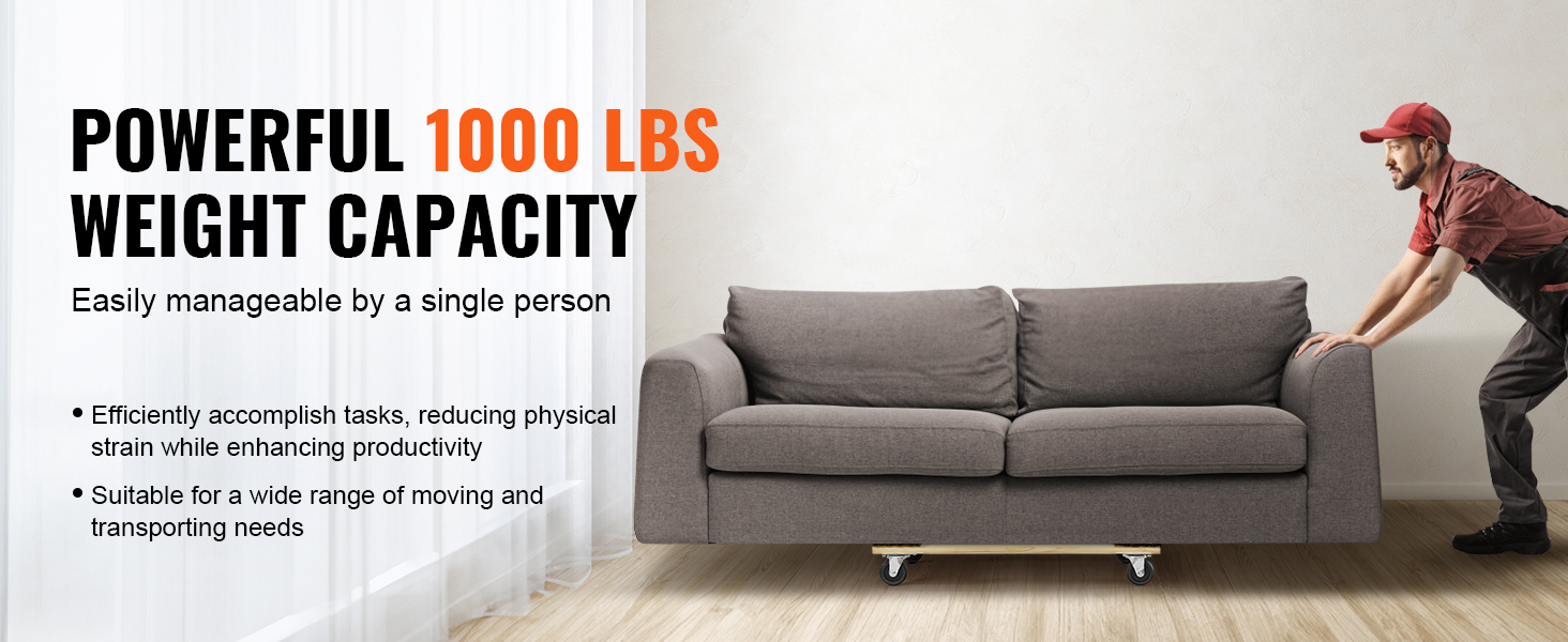 person pushing a sofa on a VEVOR furniture dolly capable of handling up to 1000 lbs weight capacity.
