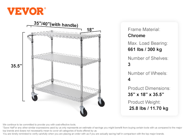 VEVOR 3-tier utility cart with chrome frame, 661 lb load capacity, three shelves, and four wheels.