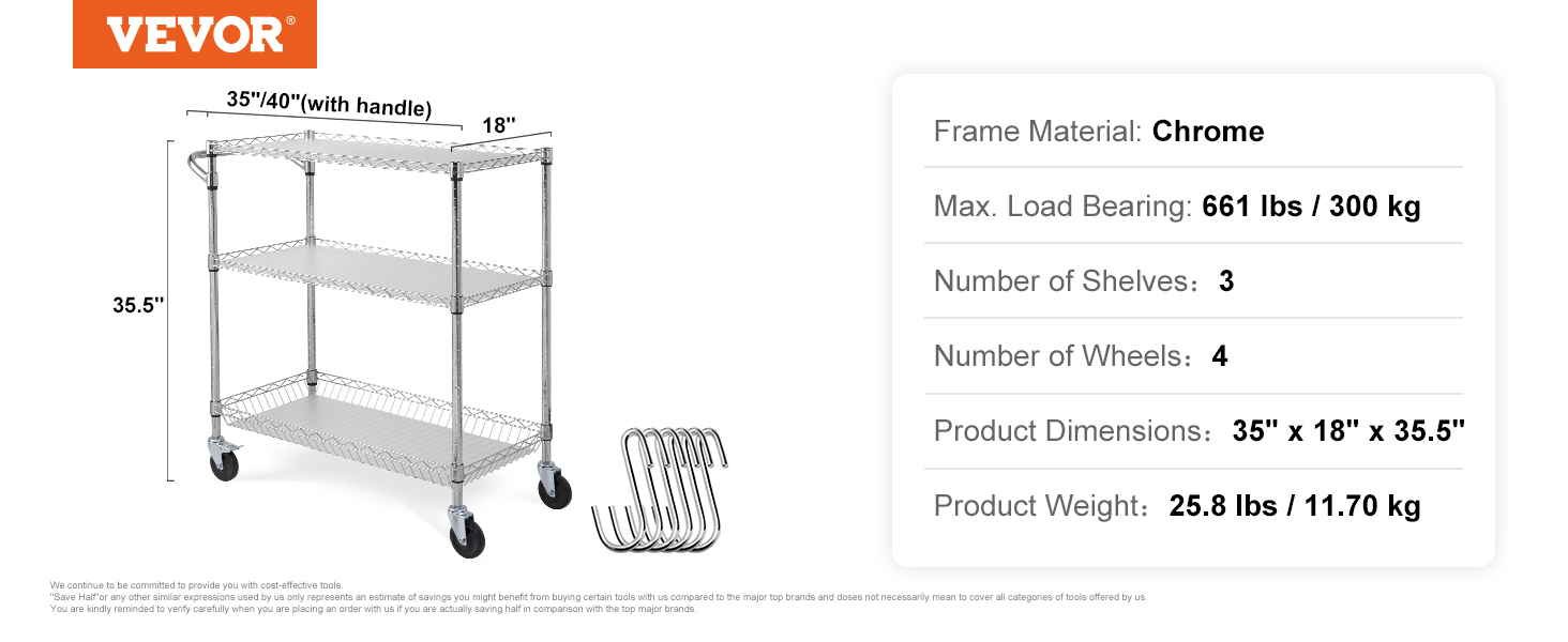 VEVOR 3-tier utility cart with chrome frame, 661 lb load capacity, three shelves, and four wheels.