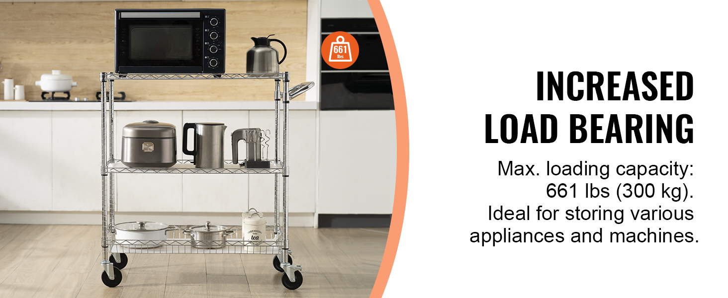 3-ярусная кухонная тележка VEVOR для хранения микроволновой печи, чайника, рисоварки и кухонной утвари. грузоподъемность: 661 фунт.