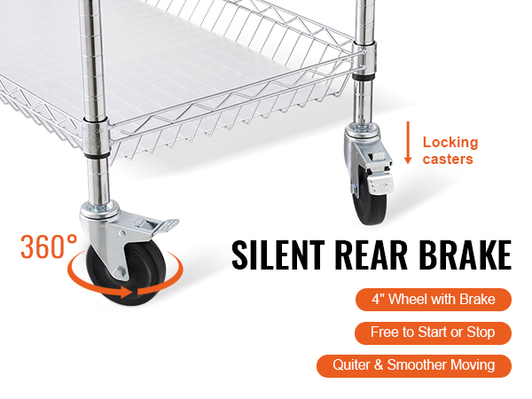 3-уровневая универсальная тележка VEVOR с фиксирующимися роликами, бесшумным задним тормозом и вращающимися на 360 градусов колесами.