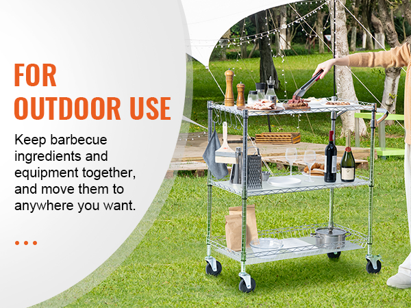 Трехъярусная тележка VEVOR для приготовления барбекю на открытом воздухе с ингредиентами и оборудованием для барбекю на травянистой лужайке.